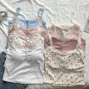 Nouveaux débardeurs d'été en coton pour femmes, avec dentelle florale et boutons, haut fin à bretelles en dentelle florale pour femmes - Product Image 2