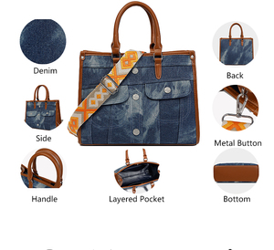 3198A New Fashion Women's <strong>PU</strong> Denim Tote Shoulder <strong>Bag</strong> with Removable Strap-Autumn/Winter/Spring Daily Use - Product Image 2