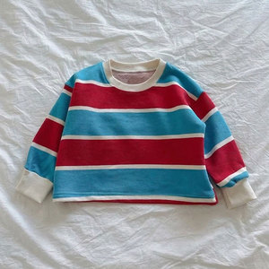 เสื้อยืดเด็กผู้หญิง แขนยาว ทรงหลวม สีสันตัดกัน พิมพ์ลายทาง คอกลม  สำหรับเด็กวัยหัดเดินและเด็กเล็ก  รับสกรีนโลโก้ได้ - Product Image 2