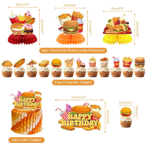 Decoración para Fiesta de Cumpleaños de Comida Rápida: Banderas de <span class=keywords><strong>Hamburguesas</strong></span>, Guirnaldas, Centros de Mesa de Panal, Adornos para Cupcakes y Pasteles, Globos Impresos y Juguetes Decorativos - Product Image 6
