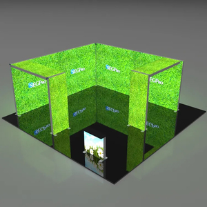 Stand de exhibición personalizado con tres lados abiertos, caja de luz SEG, pared trasera en forma de U con soporte para doble pantalla y unidad de mostrador de recepción - Product Image 6