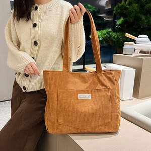 Corduroy Tote <b>Bag</b> Large Capacity Brown Japanese Style Women's Shoulder <b>Bag</b> Everyday Use Horizontal Square Magnetic Buckle - Product Image 3