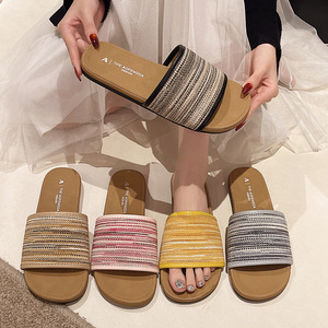 Fashionable Ladies Sandals Women's Square Open Toe Slip Lightweight Roman Style Summer Breathable <b>Soft</b> Flax Upper Comfort <b>Shoes</b> - Product Image 1