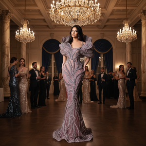 Robe de soirée sirène chic à manches courtes en strass bleu marine perlé et cristal, respirante, pour le dropshipping 2025 - Product Image 2