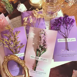 Поздравительные открытки с сухим цветком фиолетового и розового цветов с логотипом на заказ, Подарочная открытка для Дня матери, дня рождения, дня учителей