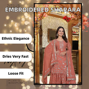 Traje Sharara de Piel Sintética de Zorro Bordado de Diseñador con Lentejuelas, Elegante, Informal, para el Trabajo, de Secado Rápido - Product Image 2