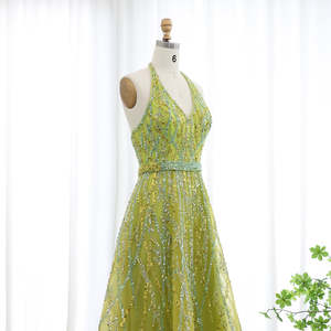 Abiti da Sera Arabi di Lusso <span class=keywords><strong>con</strong></span> Perline Verde Limone, Halter Asimmetrico, Abiti da Cerimonia per Donne di Dubai Lsz472-1 - Product Image 5