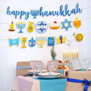 Nuova Ghirlanda Decorativa con Lettere Glitterate 'Happy Hanukkah' di Nicro, Design con Esagramma e Candelabro, Bandiera per Decorazioni Festive - Product Image 1