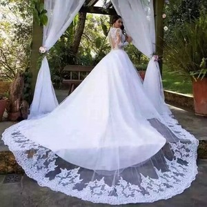 White Ball Gown Wedding Dress Sweetheart Neckline Empire Waist Crochet Vintage Long Train Lace Trim Full Skirt - Product Image 2