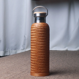 Bamboo Woven Stainless <b>Steel</b> Water <b>Bottle</b> Insulated Travel Flask With Lid 12-24 Hours Thermal Retention Round Shape For Outdoor - Product Image 3