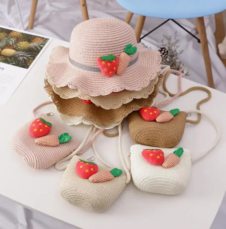 K1168 Child Summer straw hat and handbag bags outdoor kids holiday beach sun hat girls baby cute Panama cap