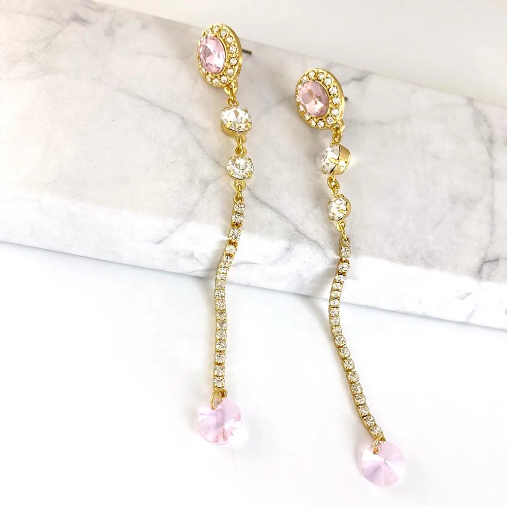 New Design Jewelry Long Diamond Pink Crystal Glass Beaded Gold Plated Drop Earrings For Women