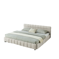 Cadre de lit King-Size de luxe moderne en bois massif + lattes + structure en lin, revêtement en tissu chenille doux, design en bois élégant pour chambre à coucher
