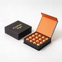 Boîte à chocolat noire personnalisée avec intérieur orange et logo en feuille d'or pour les acheteurs en gros de pralines et de truffes