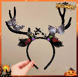 Diadema de Halloween hecha a mano con cuernos, calavera y flores, accesorio divertido para el pelo, ideal para crear una atmósfera espeluznante y sinistra.