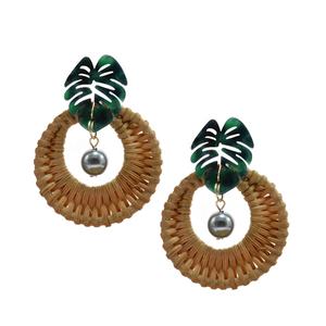 Venta caliente de la joyería de las mujeres de moda perla pendientes hecho a mano de ratán pendiente hoja verde Carey pendiente - Product Image 3