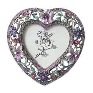 Античная Оловянная фиолетовые цветы, украшенная драгоценными камнями, металлическая фоторамка 2,5x2,5 дюймов