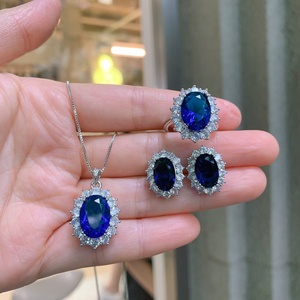 Fashion Oval Cut 12*16mm Blue Glass Zircon <b>Earrings</b> Ring Matching <b>Set</b> Eco-friendly Copper Pendant Jewellery <b>Set</b> for Women - Product Image 1