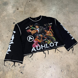 Camiseta de Manga Larga con Logotipo Personalizado, Algodón Grueso, Impresión DTG, Bajo Deshilachado, Lavado en Contraste, Estilo Oversize, Hip Hop, Streetwear - Product Image 3