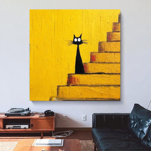 Stile Minimalista, Dipinto a Olio <span class=keywords><strong>di</strong></span> un Gatto Nero che Si Trova sulle Scale, Opera d'Arte Animale Disegnata a Mano Perfetta per Decorazione Murale - Product Image 2