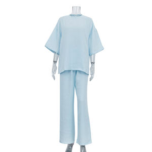 Set Due Pezzi Estivo 2026 per Donna, T-shirt a Spalla Scesa e Pantaloni in Cotone Azzurro, <span class=keywords><strong>Abbigliamento</strong></span> Casual <span class=keywords><strong>Femminile</strong></span> - Product Image 4