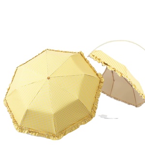 Parapluie d'été anti-UV à carreaux et dentelle, pliable en trois sections, double usage soleil/pluie, manche en bois massif, coloré, manuel, pour femme, OEM Zhejiang - Product Image 1