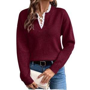 Pull tricoté décontracté pour femme à col en V, avec bordure en dentelle, respirant, séchage rapide, anti-plis – Vente en gros, modèle européen très prisé pour l'hiver/automne - Product Image 1