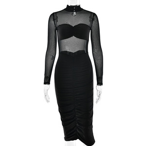 European American Style Mesh See Through Bodycon Dress High Neck Ruched Slim Fit Evening Wear 2024 - Product Image 5