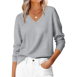 Pull à manches longues et col en V pour femme, doux, coupe ample, décontracté, basique, pour l'automne - Product Image 1