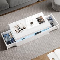 Table basse moderne en bois avec plateau brillant, 2 tiroirs, éclairage LED RGB, design rectangulaire pour la maison, salon