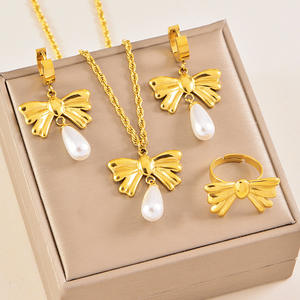 Elegante Juego de Joyería Clásico con Lazo y Flecos en Forma de Lágrima, Chapado en Oro de 18k, Acero Inoxidable, Imitación de Perla, para Compromiso, Boda, Fiesta, Unisex - Product Image 2