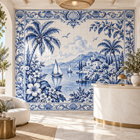 Mosaïque murale en céramique bleue et blanche peinte à la main, motif vague de mer, taille personnalisée pour la décoration murale de la salle de bain et de la cuisine