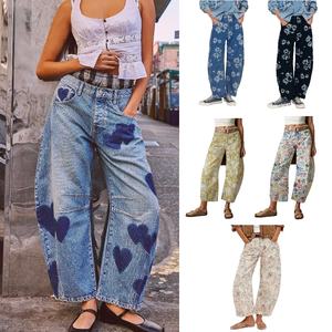 <span class=keywords><strong>All</strong></span> Over Print Graphic Boyfriend Low Rise Waist Baggy Wide Leg Barrel Femmes Ladies Stock Blue Denim Jeans Pant Femme Para Mujer - Product Image 1