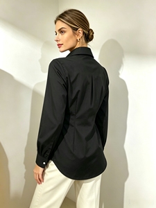 Blusa elegante ajustada de manga larga con cuello vuelto y botones, blusa formal para oficina, trabajo y negocios para mujer - Product Image 3
