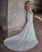 Robe de mariée sirène en dentelle à manches longues avec corset à baleines et perles MHL702