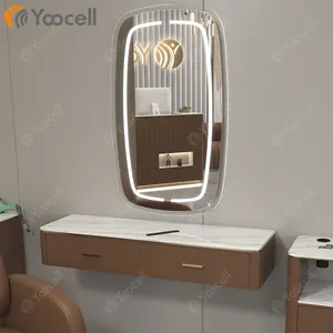 Yoocell新しいデザイン美容サロン家具機器サロンウォールミラーLEDライト付きヘアサロン用ミラー