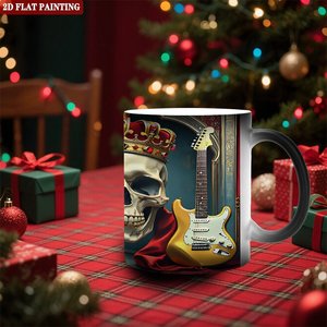 Taza de Cerámica Negra Esmerilada de 11 oz, Termosensible, con Diseño Artístico de Calavera, Corona y Guitarra - Product Image 2