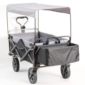 Foldable Handcart Roof Outdoor Trolley Telescopic Push Bar Folding Wagon With Canopy