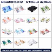 Boîte de backgammon en acrylique personnalisée avec impression UV 22,7x15,5 cm, impression triangulaire bleue et orange, jeu de backgammon de voyage pour 2 joueurs