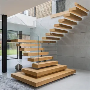 CBMmart中国工場インテリアハウスフローティング階段木製トレッドガラス手すり階段デザイン