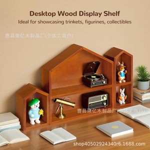 Vintage Solid Wood <b>Desktop</b> Organizer Irregular Shape 2 Tier Standing Type For Study Desk Storage And Display <b>Shelves</b> - Product Image 3