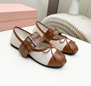 New brand American-style chic teenage double-button canvas patchwork cowhide <b>bow</b> tie one-strap flat ballet shoes - Product Image 4