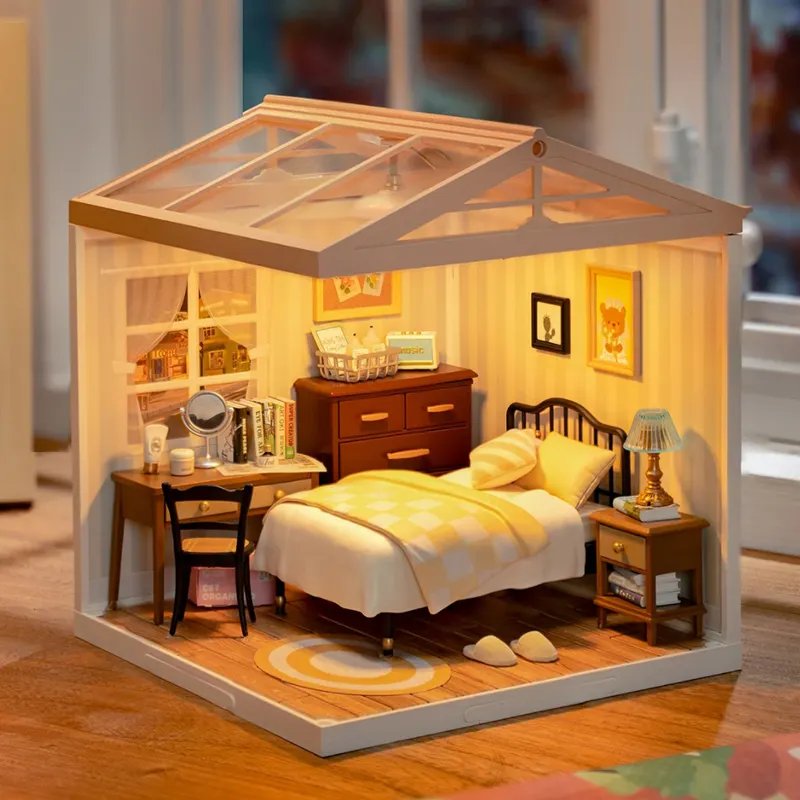 Robotime Rolife DW009 mainan Kit Model kamar tidur impian manis Puzzle plastik 3D rumah miniatur DIY