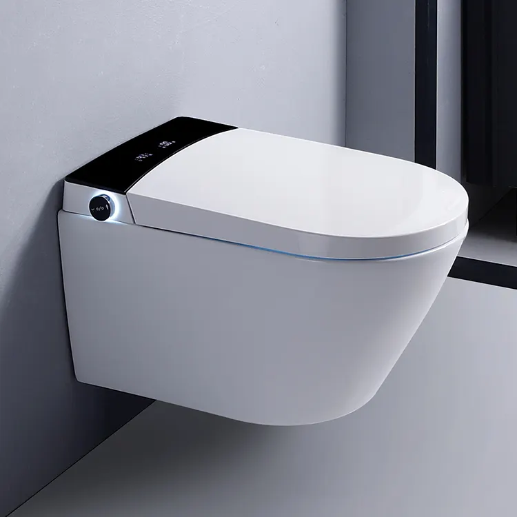 De volta para montado na parede do banheiro de cerâmica sem aro elétrica inteligente automático wall hung wc sanita inteligente com bidé