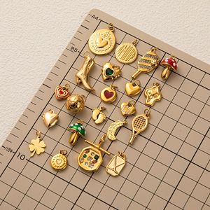 Ciondoli Dorati Fantasiosi |   Ciondolo in Acciaio Inossidabile Placcato Oro 18K PVD con Smalto a Forma di Cuore, Fungo, Quadrifoglio Portafortuna, Tennis per Creazione di Gioielli Fai-da-Te - Product Image 2