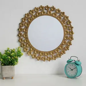 Espejo de pared con marco redondo de lujo, cubierta de superficie recubierta de metal, oro y hierro, rosa, maquillaje, biselado, espejos