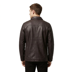 Veste chemise en cuir véritable pour homme, col rabattu, boutonnée, couleur unie, style workwear, vêtement d'extérieur décontracté pour l'automne - Product Image 3