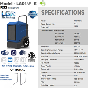 Deshumidificador Industrial de Alta Resistencia para Restauración, 165 PPD LGR, para Daños por Agua - Product Image 2