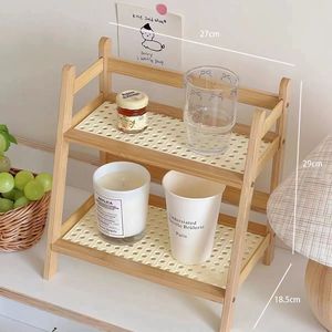 Wooden Two-tier <b>Storage</b> <b>Rack</b> With Rattan Mat <b>Kitchen</b> Shelf Standing Type Double Layer Thickened Material - Product Image 3