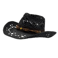 Chapeau de cowboy noir imitation paille en gros |   Chapeaux de festival Panama personnalisés en cuir ajouré et perles de bois, protection solaire pour adultes